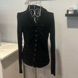 Black Enza Costa long sleeved top with ruching.  Size L
